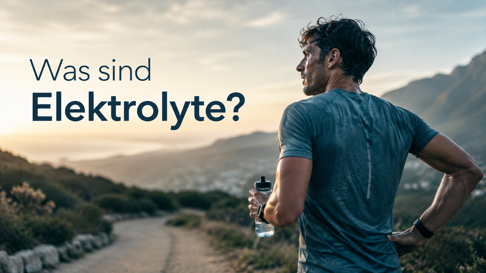 Läufer mit Trinkflasche in einer Outdoor-Landschaft als Titelbild zum Thema Elektrolyte und Hydration.